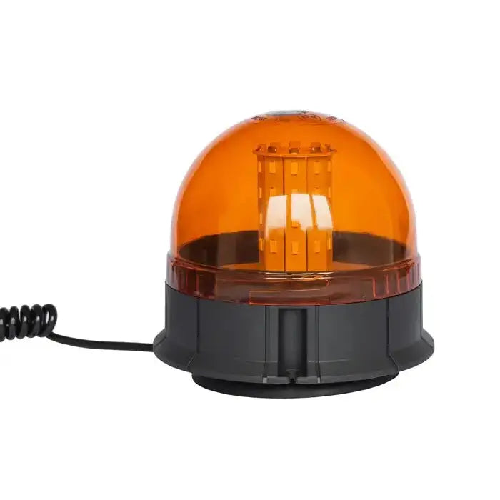 Varsellampe SMD LED med oransje halvkulekuppel, sort base og spiralformet kabel sett fra siden.