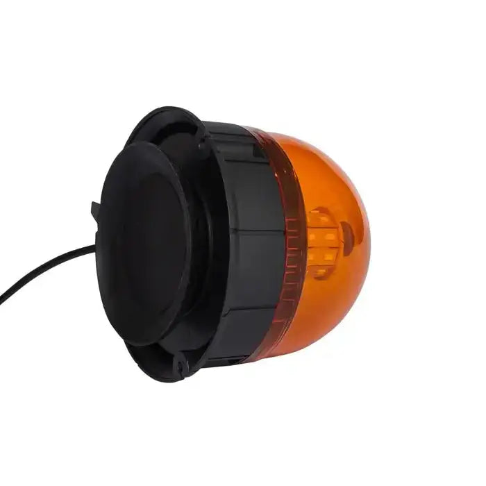 Varsellampe SMD LED, sidebilde med oransje kuppel, synlig kabel og pære bak gjennomskinnelig plast.