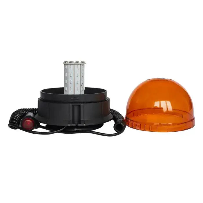 Varsellampe SMD LED med svart base, oransje kuppel fjernet, spiralledning og rød bryter synlig foran.