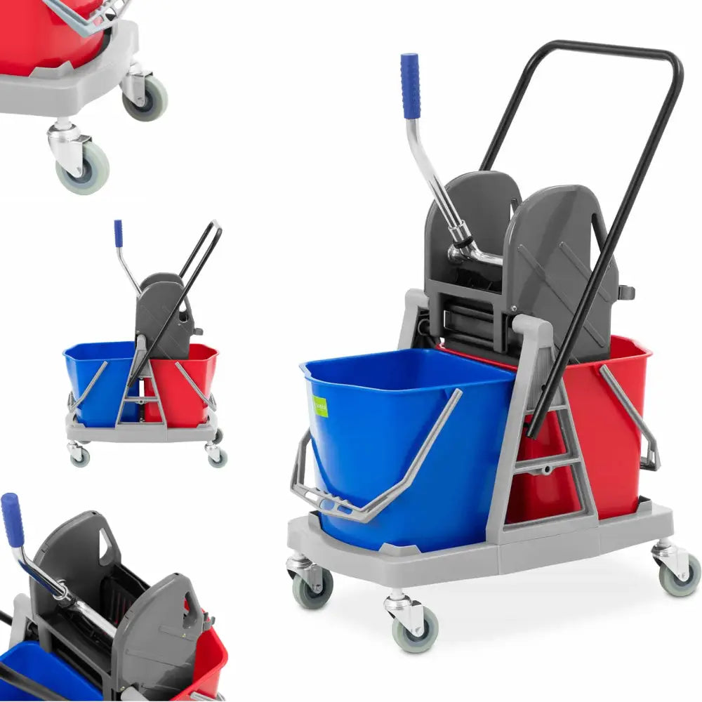 Vaskemopp med to bøtter, én blå og én rød, på rengjøringsvogn med hjul, håndtak og vripresse.