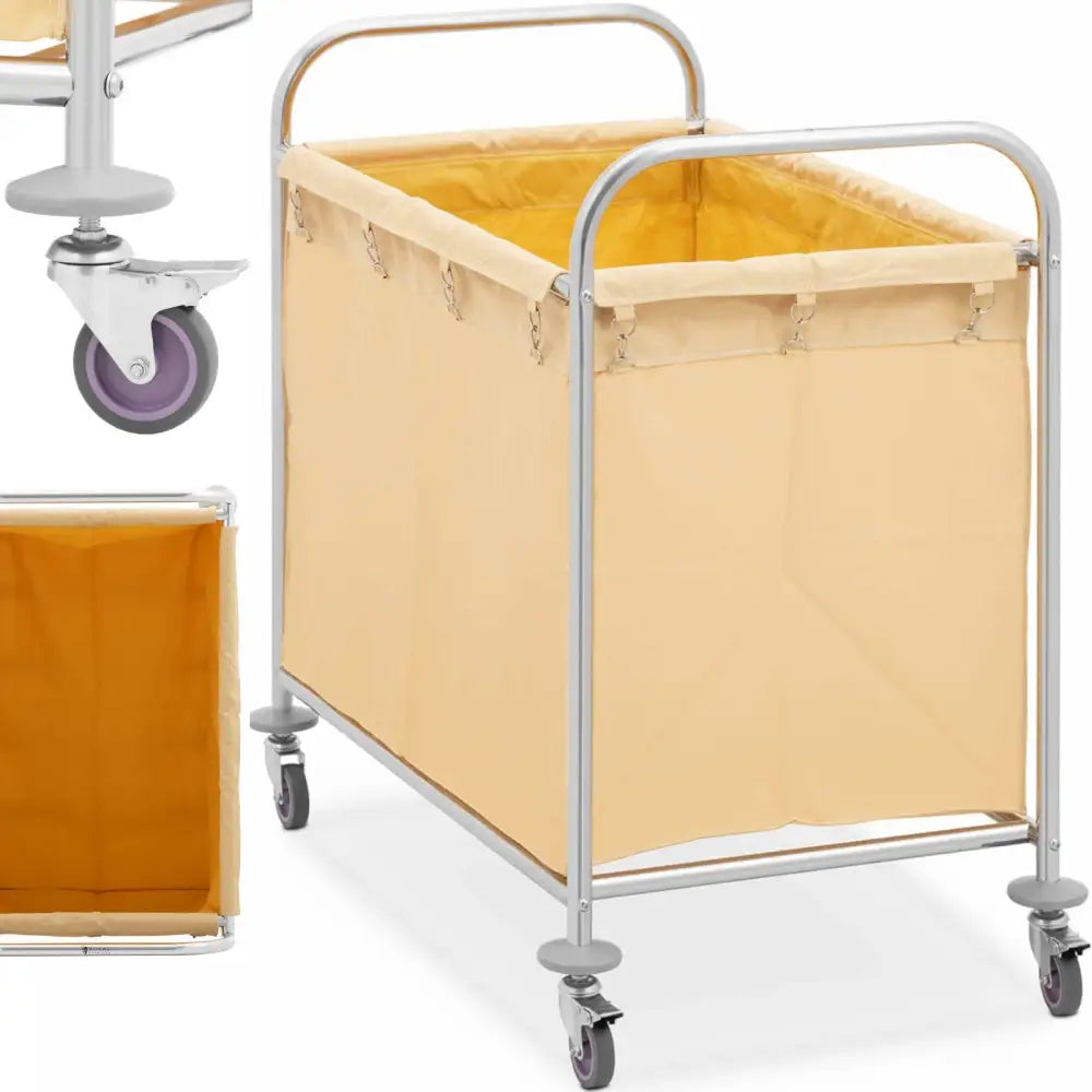 Vaskeriservice vogn med beige tekstilbeholder, sølvramme og fire hjul, nærbilde av hjul og side.