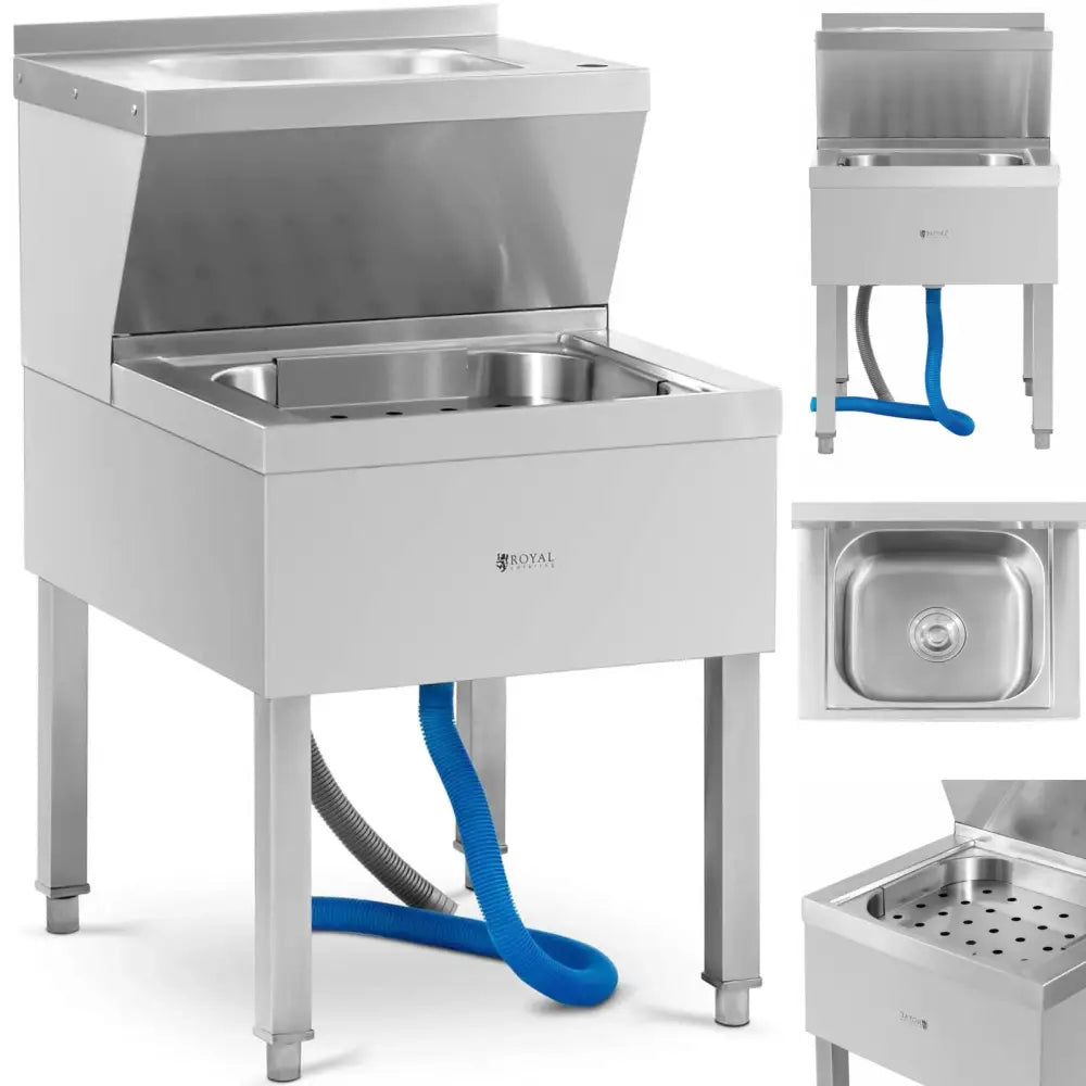 Vaskeskål for mopper i rustfritt stål, høy bakplate, lokk og synlige blå og grå slanger under kummen.