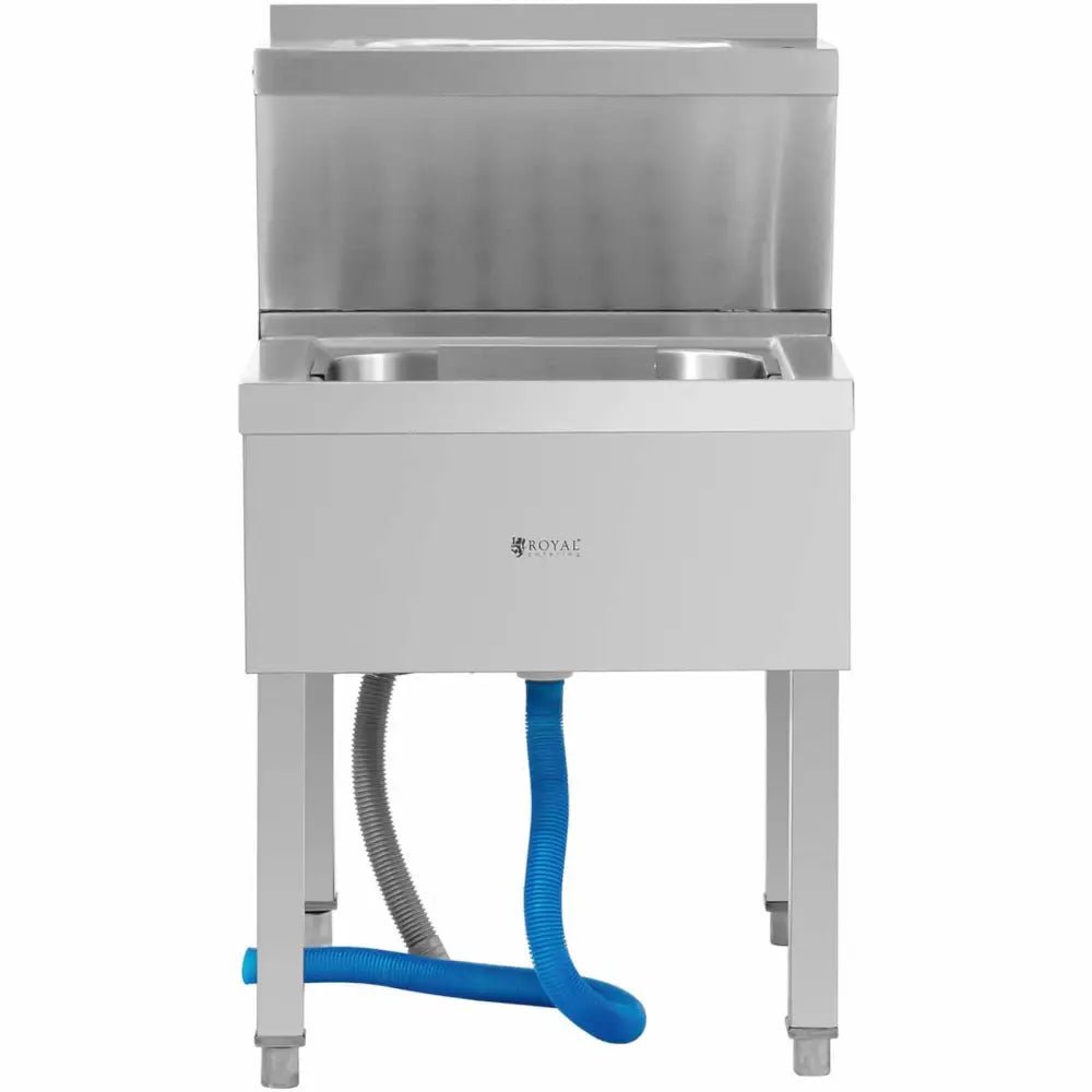 Vaskeskåler for mopper med servant, to kummer i rustfritt stål, blå og grå avløpsslanger synlige under.