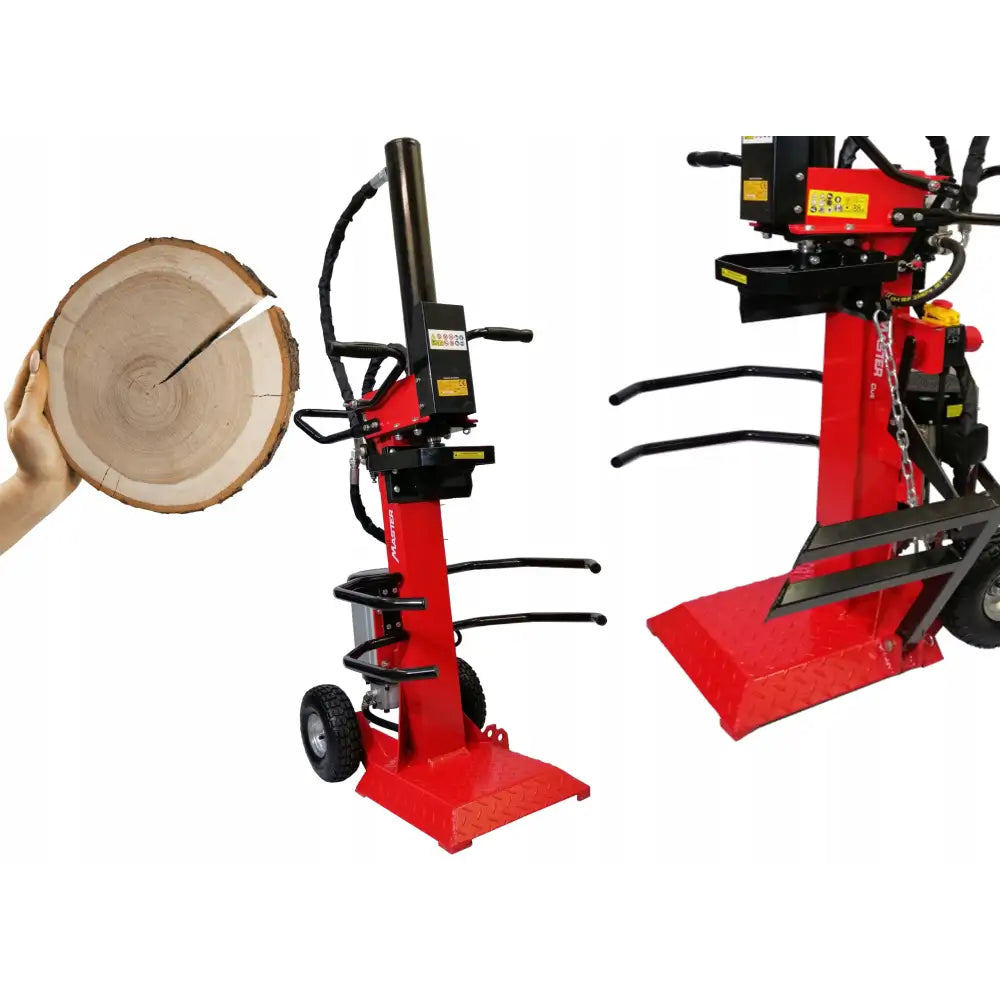 Vedkløyver 400V 10T, rød og svart modell vist fra siden med hjul, håndtak og vedskive under klyving.