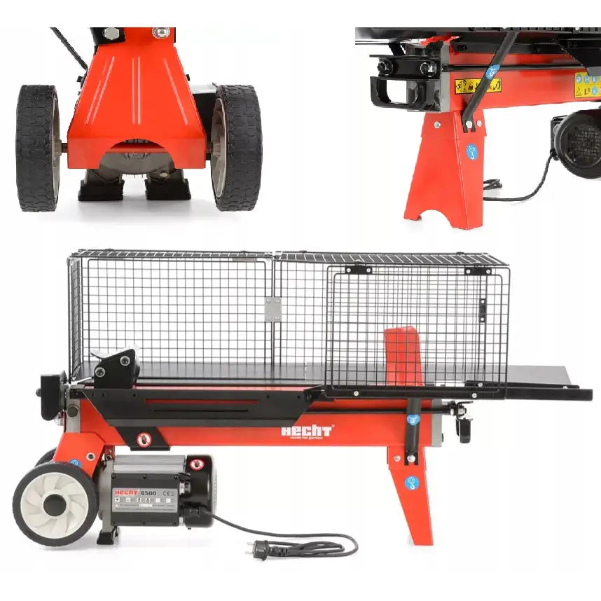 Elektrisk vedkløyver 5T i sort og rød metall, sidevisning med beskyttelsesgitter, hjul og strømledning.