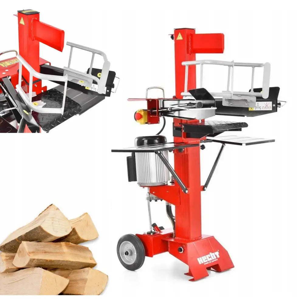 Vedkløyver 6T Vertikal, sidevisning med sølvfargede sikkerhetsbøyler, hjul og oppkløyvd ved ved siden av.