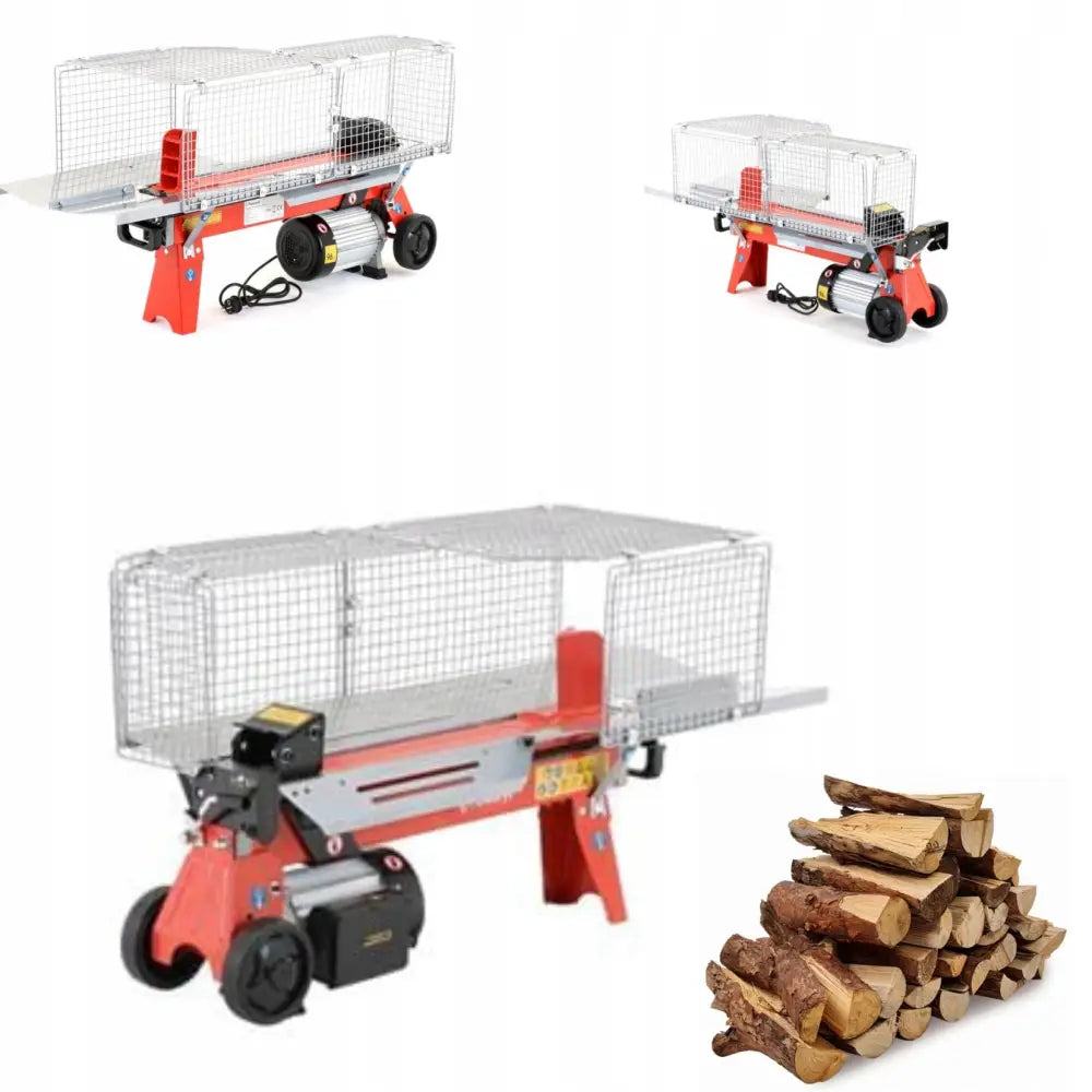 Elektrisk vedkløyver i rød og svart, med metallnett-beskyttelse og kløyvet ved stablet ved siden av.