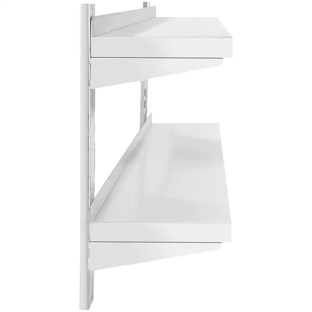 Vegghengt dobbel stål hylle, sidevisning som fremhever opphøyd bakant og justerbare, minimalistiske hyller.