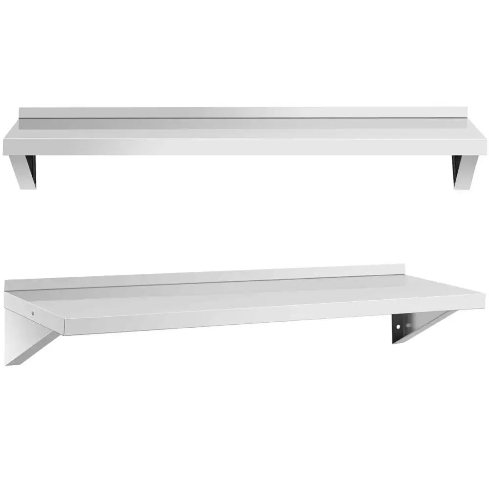 Vegghengt kjøkkenstålreol med to rektangulære hyller i børstet stål, sett skrått forfra med støttebeslag.