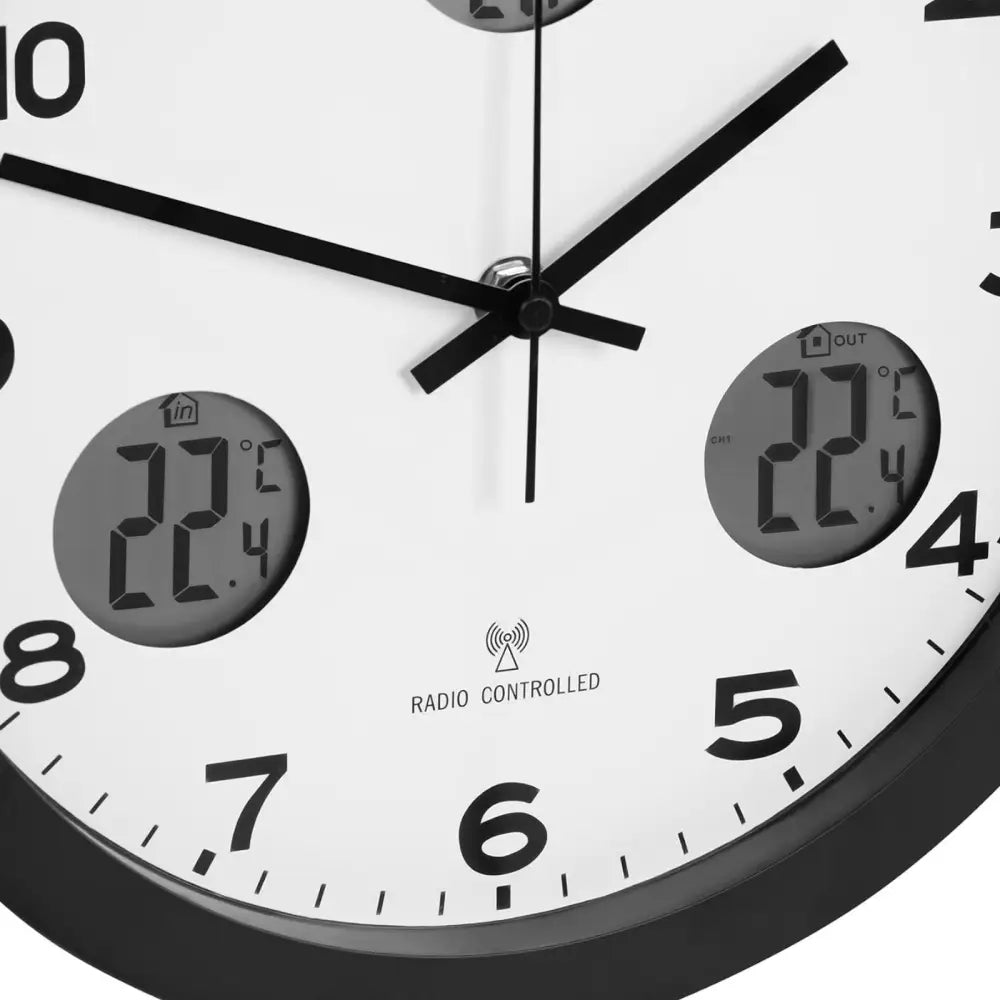 Vegghengt Klokke med Termometer og Værstasjon for Kontor og Stue Rund Svart 30 Cm