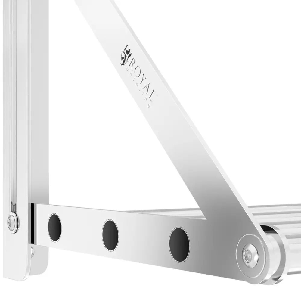 Vegghylle i rustfritt stål, nærbilde av metallfeste med synlig merkevare og detaljerte skruer fra siden.