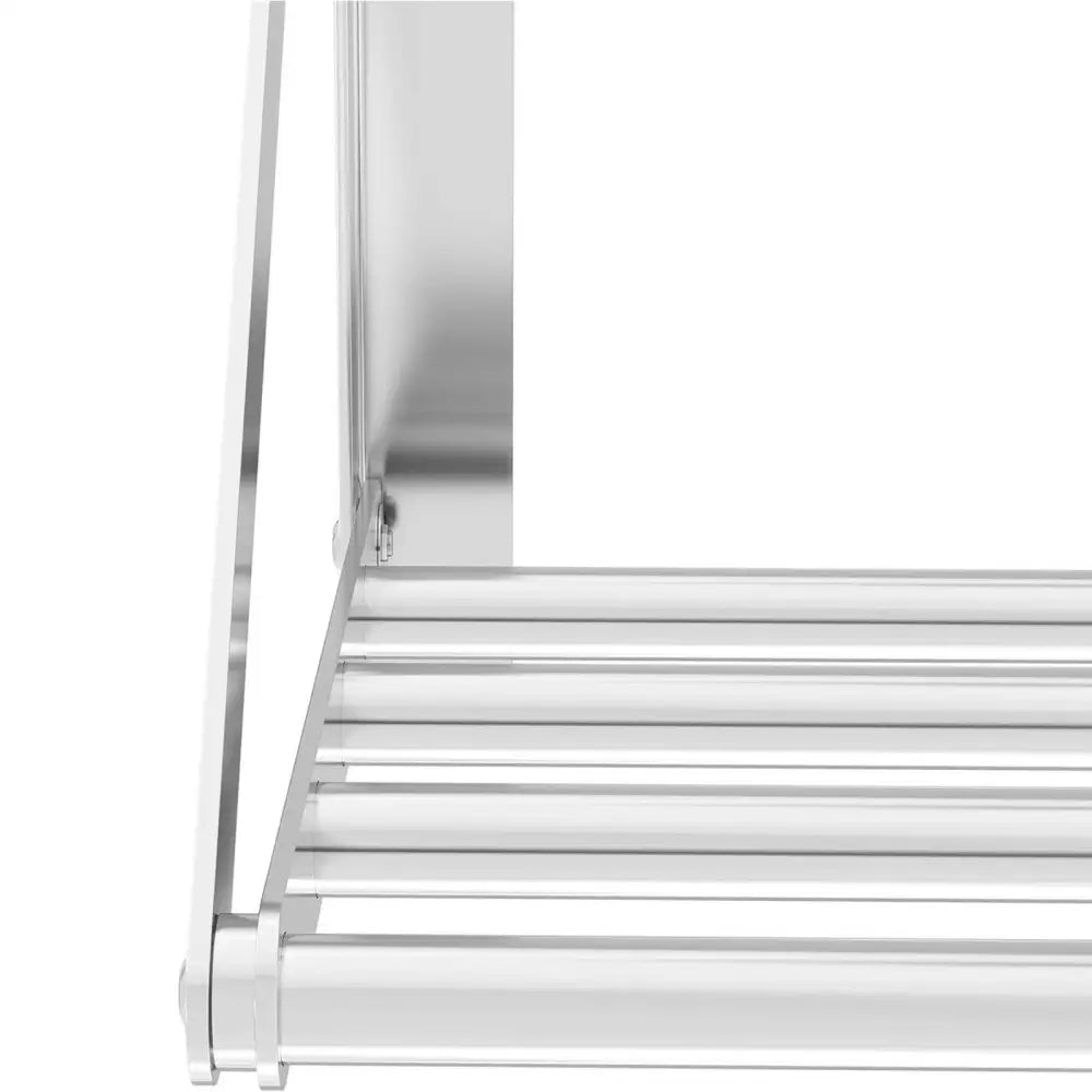 Vegghylle av rustfritt stål, sidevisning som fremhever de parallelle metallstengene og de avrundede hjørnene.