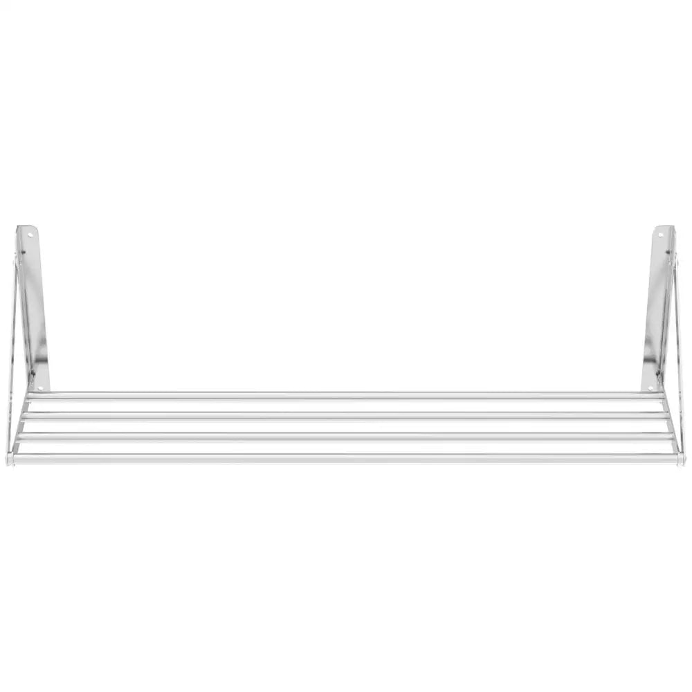 Vegghylle av rustfritt stål, frontbilde som viser fem stenger, blank overflate og solide veggfester.