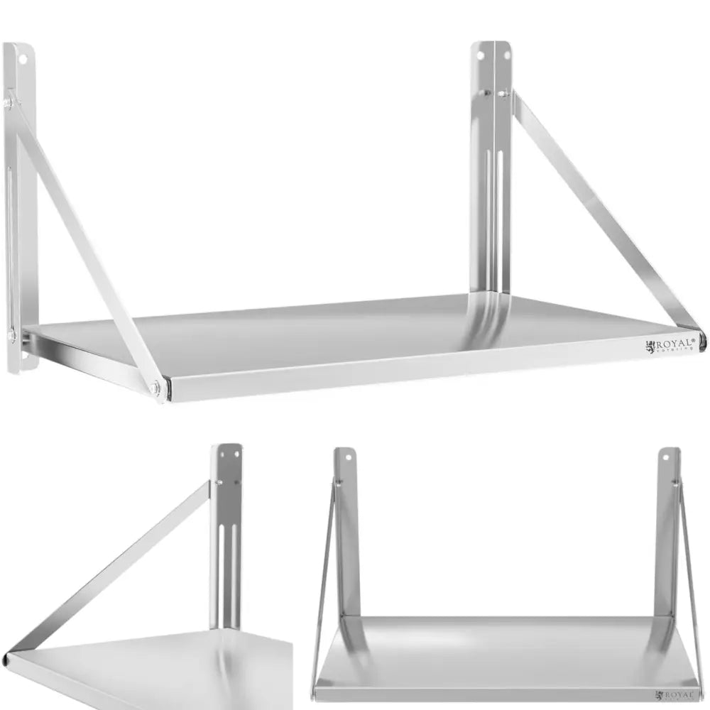 Vegghylle i rustfritt stål 80x45 cm, skråvisning som fremhever de glatte overflatene og solide sidestag.