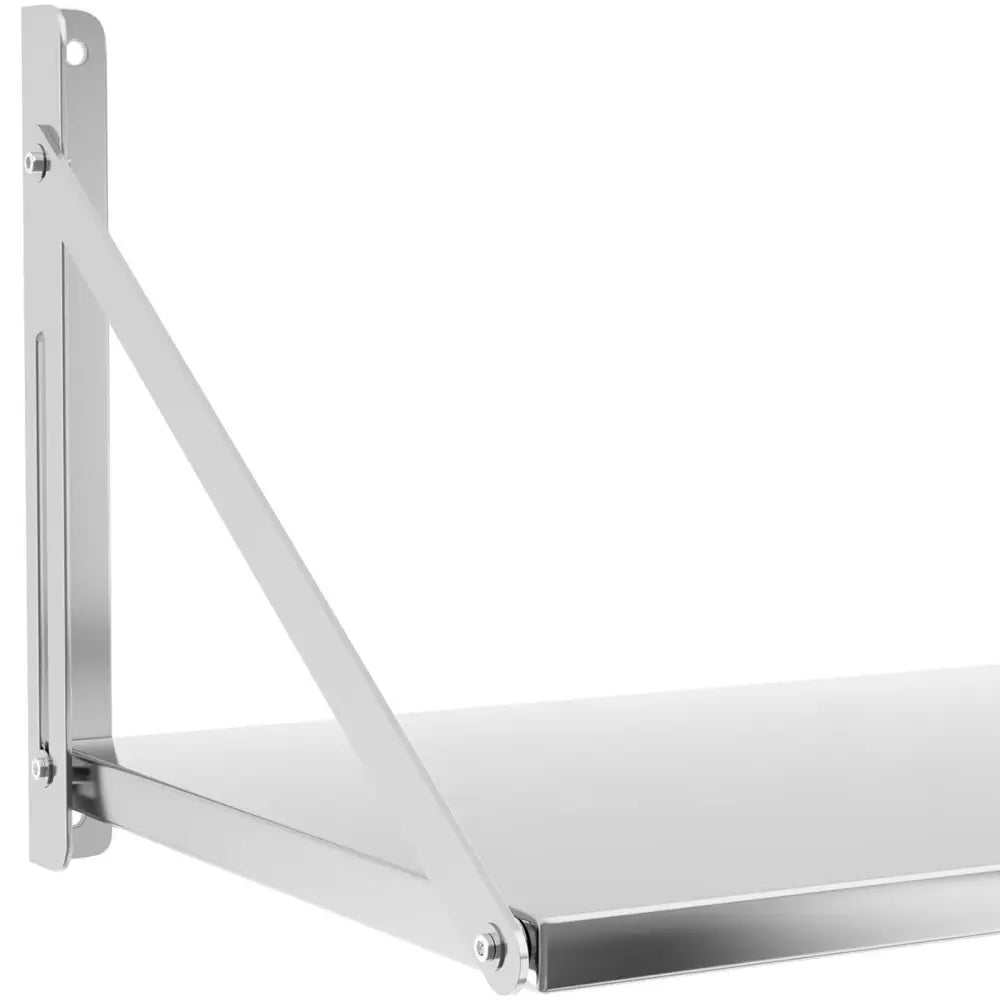 Sammenleggbar vegghylle i rustfritt stål, sideprofil med synlig støttebrakett og veggfeste mot hvit bakgrunn.