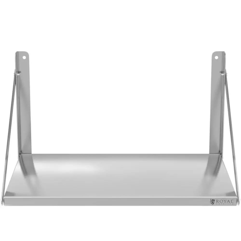 Sammenleggbar vegghylle i rustfritt stål, frontvisning med matte flater, veggfester og støttearmer synlige.
