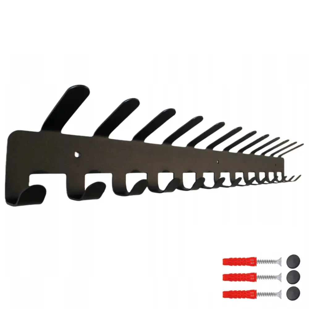 Veggkleshenger i svart metall med 25 kroker i to rader, sett skrått, monteringsutstyr synlig nederst.