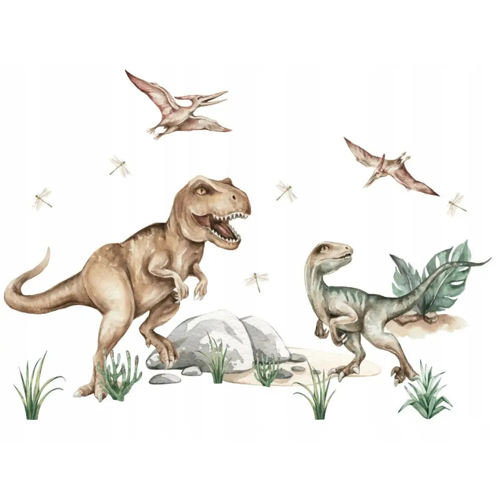 Veggklistremerker Dinosaurer for Barn XXL, to fargerike dinosaurer med planter, steiner og flyvende øyenstikkere.