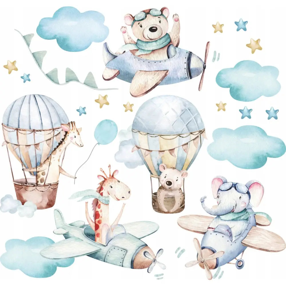 Veggklistremerker med dyr i fly og ballonger, omgitt av blå skyer og stjerner i pastellfarger, frontvisning.