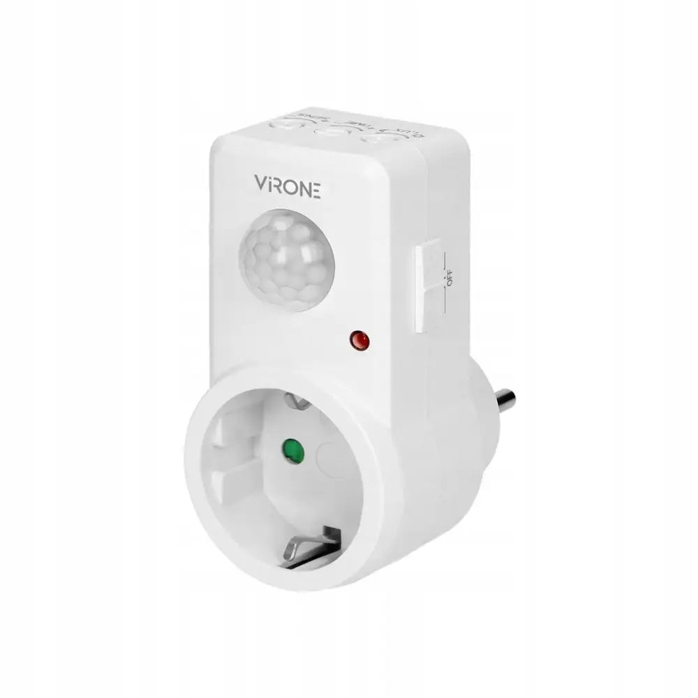 Veggkontakt med 120° bevegelsessensor, Schuko, LED-indikator og AV/PÅ-bryter, sett skrått forfra.