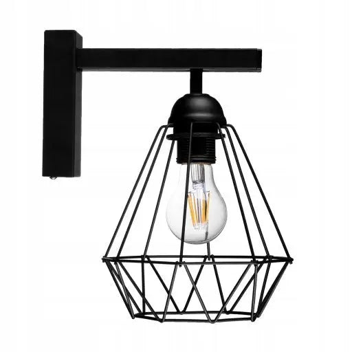 Vegglampe Diamant Loft, sort metall med åpent gitter, eksponert pære og rektangulært veggfeste sett fra siden.