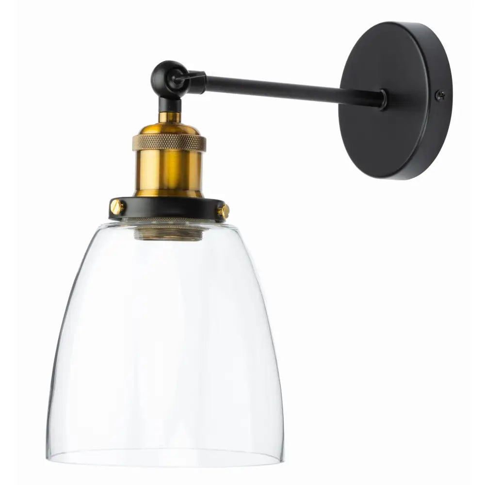 Vegglampe med gyllen ramme, sort base og konisk glasskjerm, sideprofil mot hvit bakgrunn.