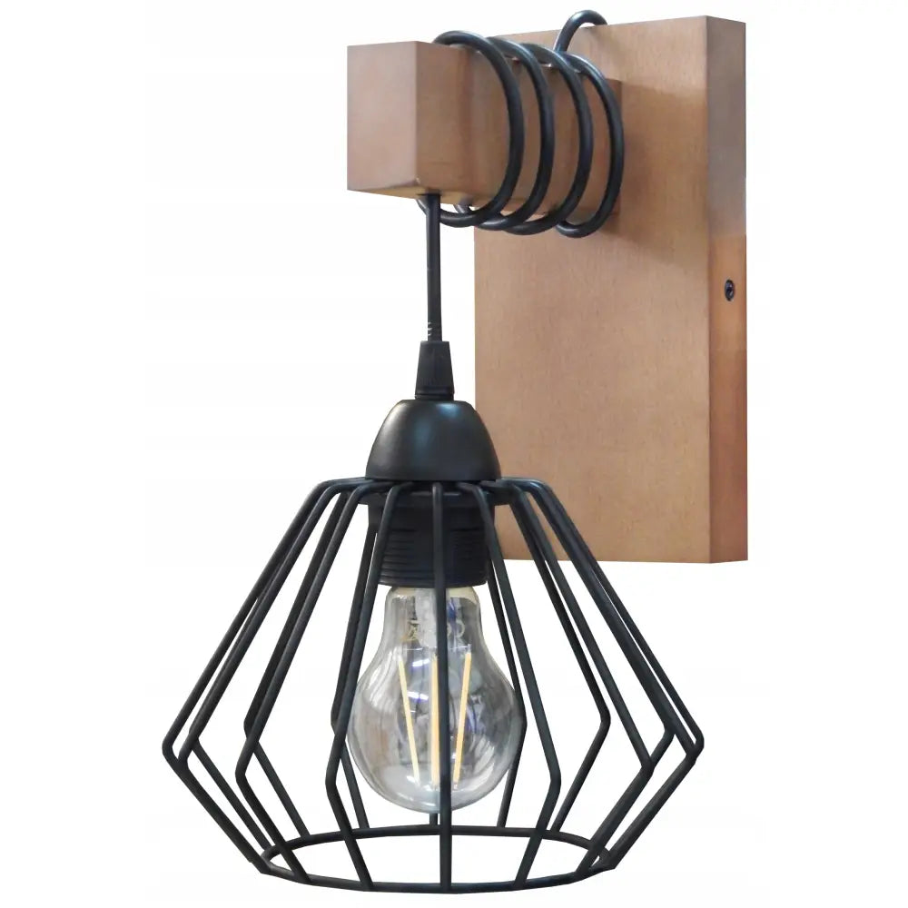 Vegglampe LED Loft, skråvisning som fremhever sort metallbur, synlig lyspære og rektangulær treplate.