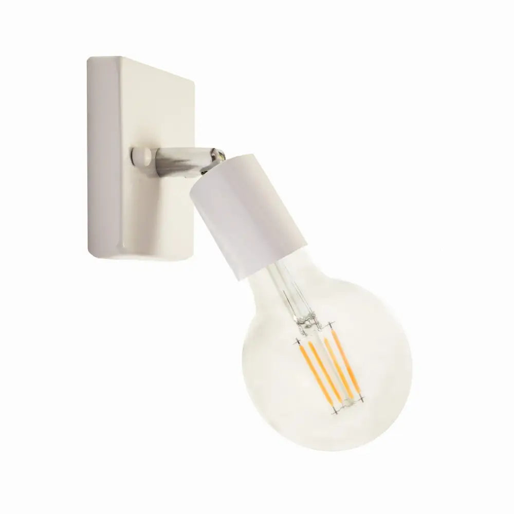 Vegglampe Liten Kvadrat Hvit Ezo, sideprofil med synlig filamentpære og enkel hvit metallramme.