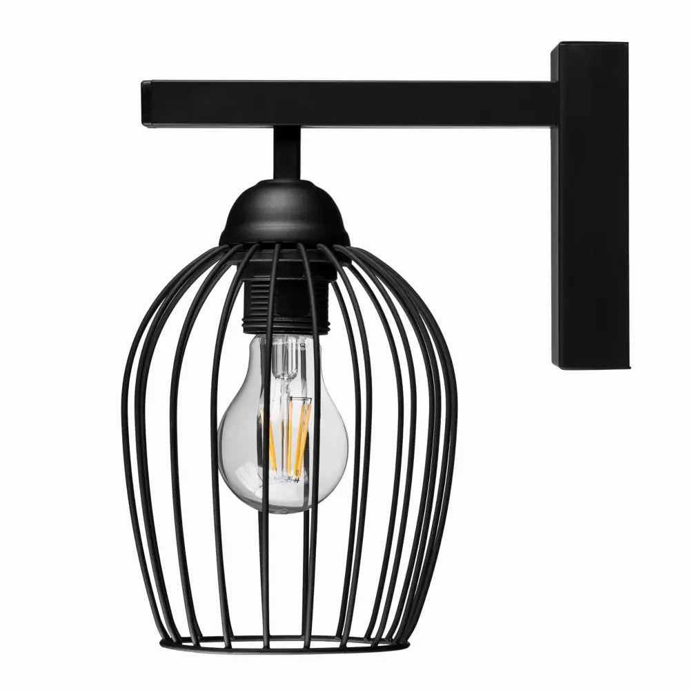 Vegglampe Loft Trådnett Oval, sidevisning med sort burformet gitter og synlig lyspære mot hvit bakgrunn.
