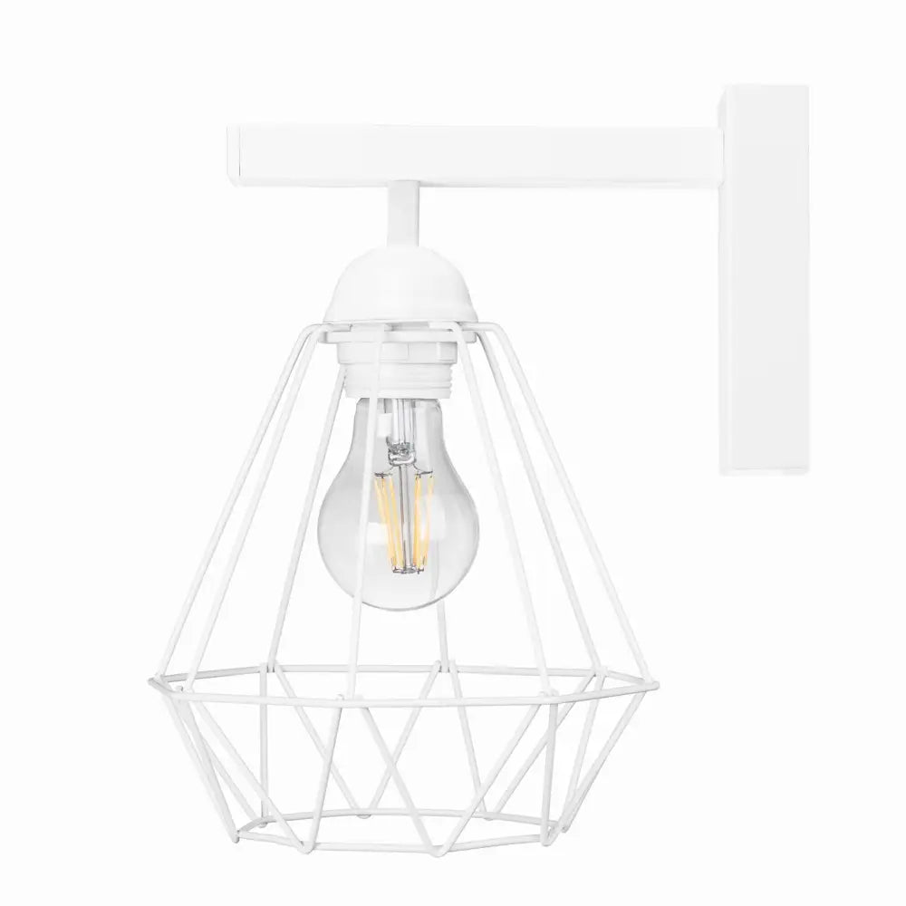 Vegglampe Loft Wire Diamond i hvitlakkert metall, sidevisning med åpen trådskjerm og synlig lyspære.