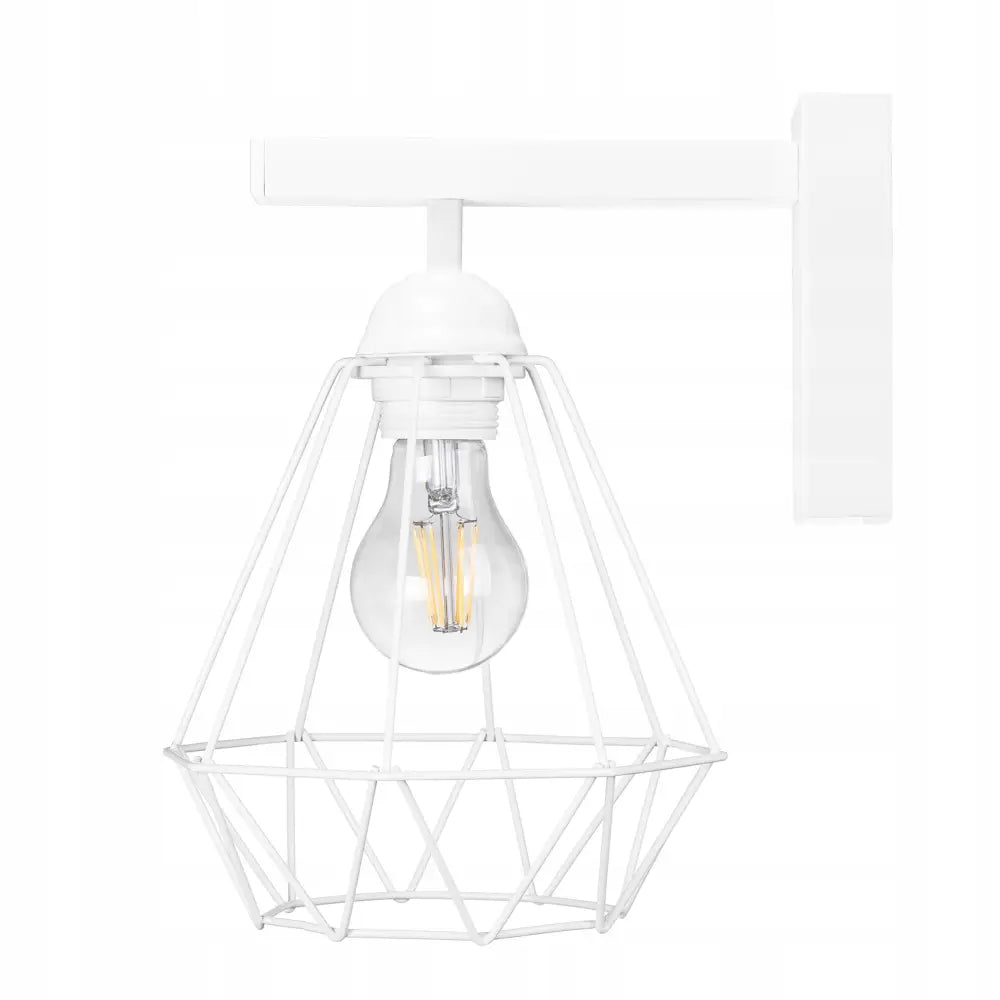 Vegglampe Loftkurv Diamant i hvitt metall, sidevisning med synlig lyspære og åpent burdesign.