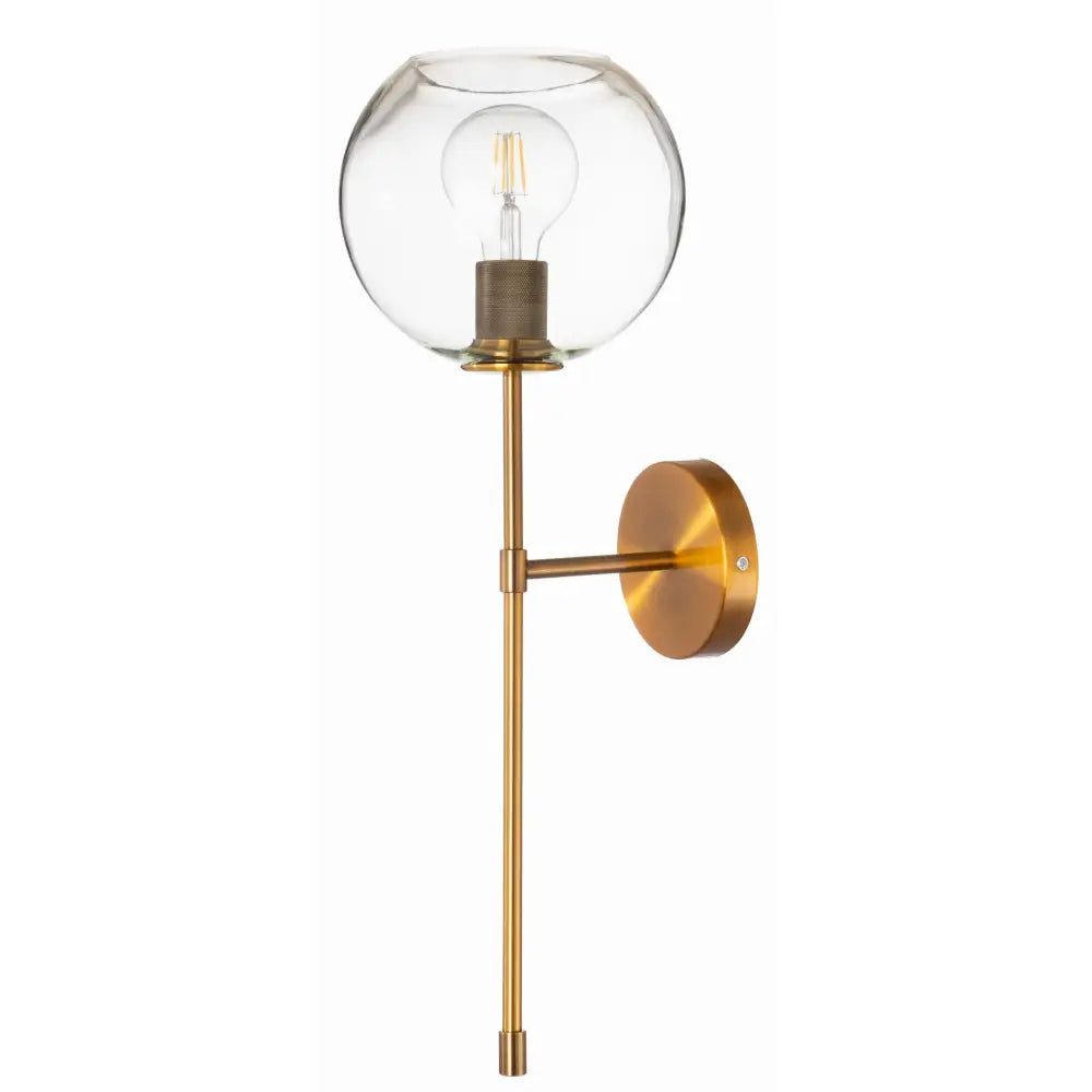 Vegglampe Madrid Long i gyllen metall med glasskuppel, sidevisning som fremhever moderne design og rette linjer.