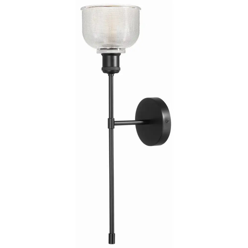 Vegglampe Bell Long med sort metallstativ og rillet, rund glasskjerm sett fra siden mot hvit bakgrunn.
