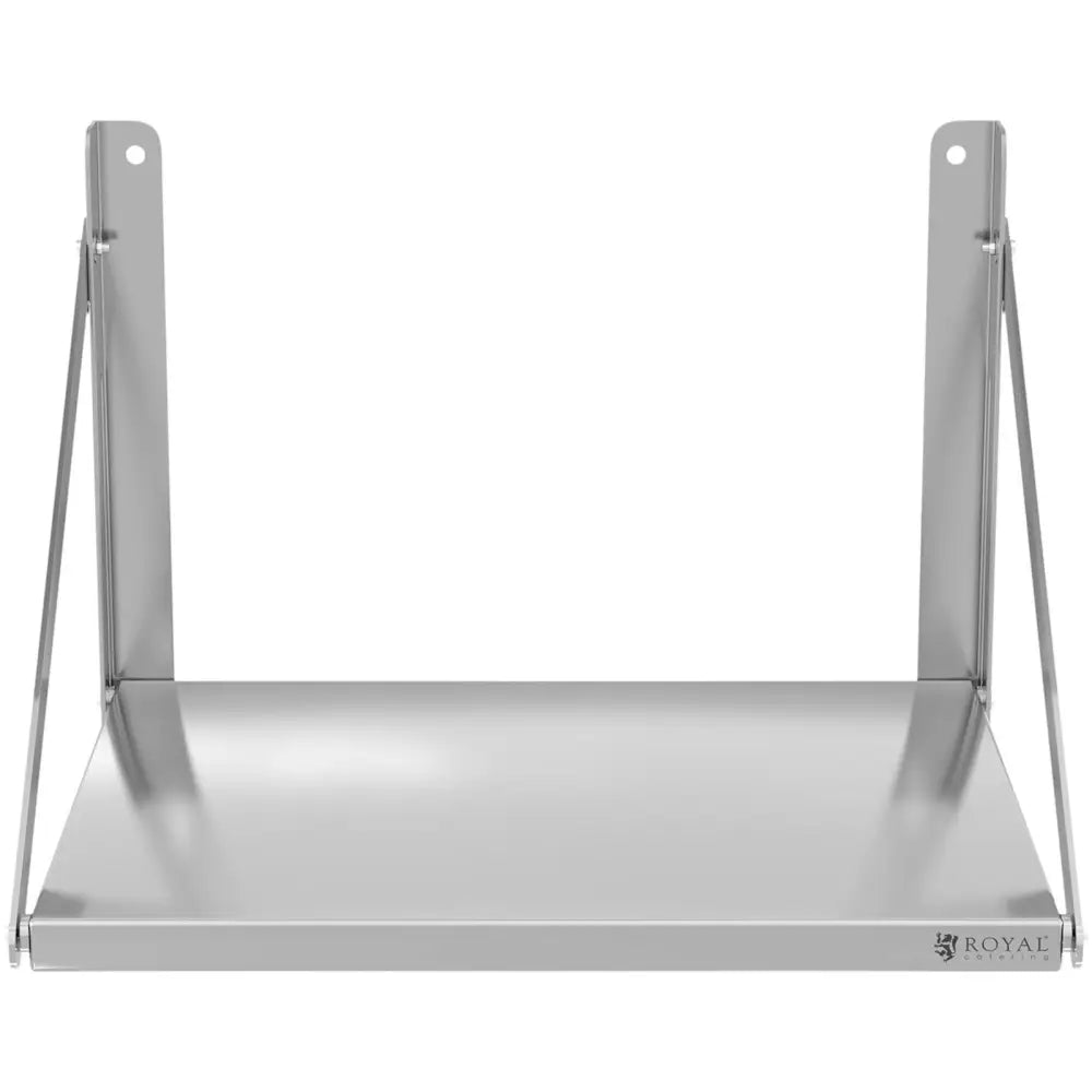 Veggmontert foldehylle i rustfritt stål, frontvisning med synlige støttestag og glatt overflate.