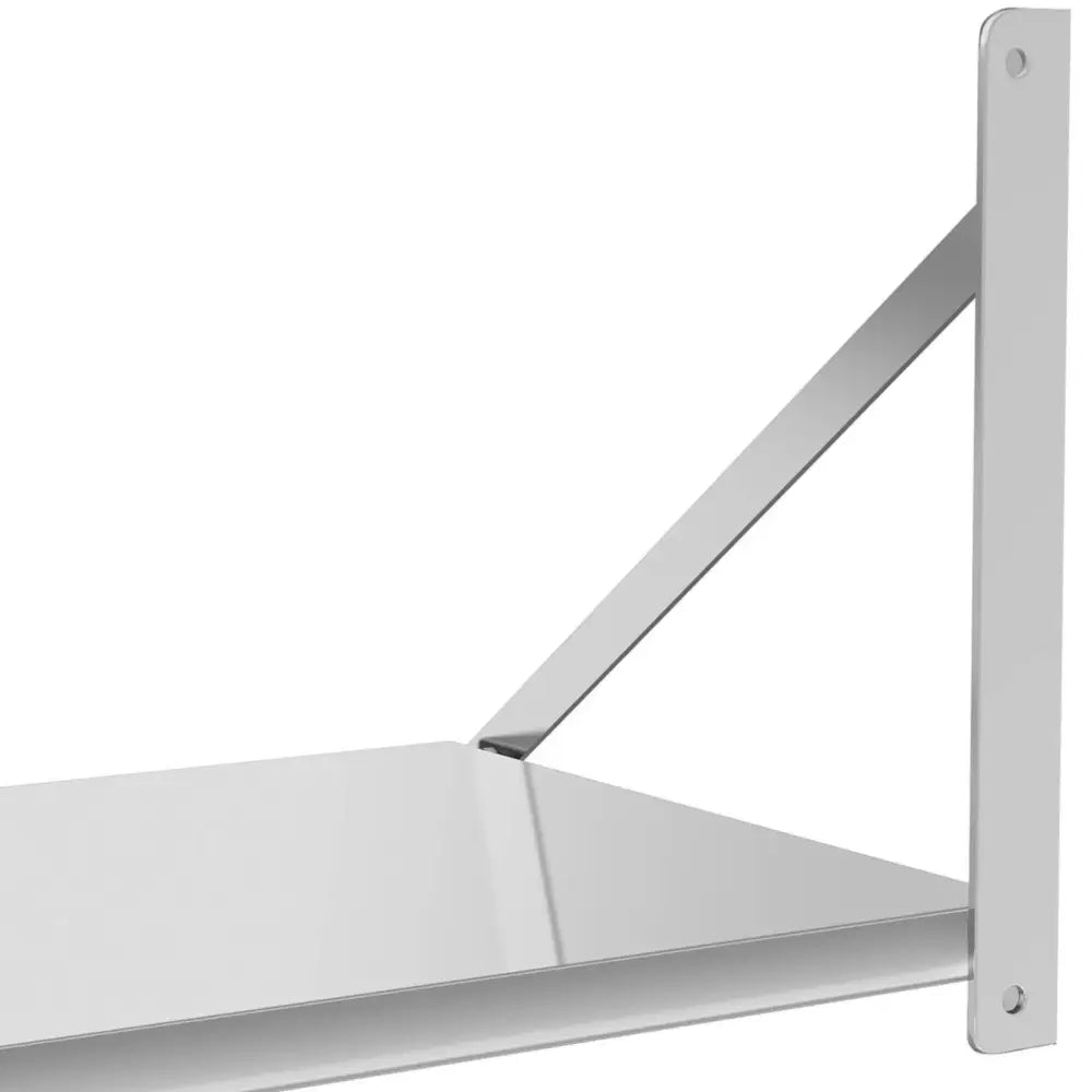 Veggmontert foldehylle i rustfritt stål, sideprofil med støttebrakett og minimalistisk industrielt preg.