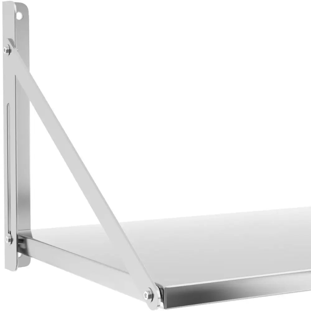 Veggmonterbar foldehylle i rustfritt stål, sidevisning med trekantet støtte og glatt, sølvfarget overflate.