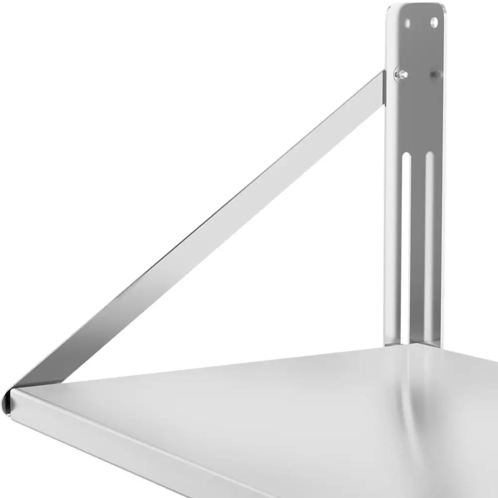 Veggmonterbar foldehylle i rustfritt stål, nærbilde av hylleknekt og solid veggbrakett.