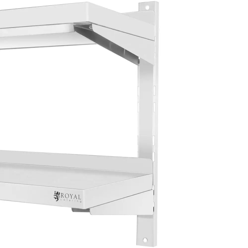Veggmontert dobbel gastronomisk hylle i stål, sidevisning med synlige veggfester og Royal Catering-logo.