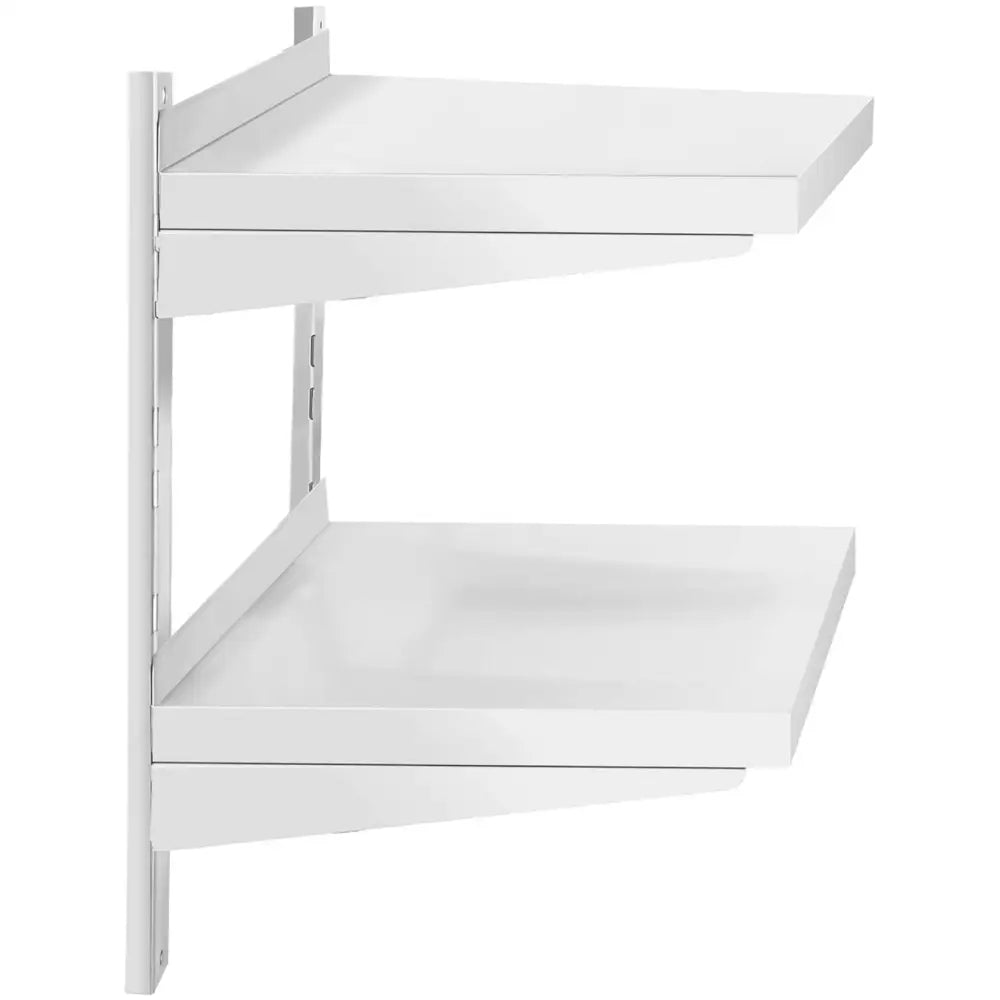 Dobbel veggmontert hylle i rustfritt stål, sidevisning som fremhever justerbare hyller og minimalistisk design.