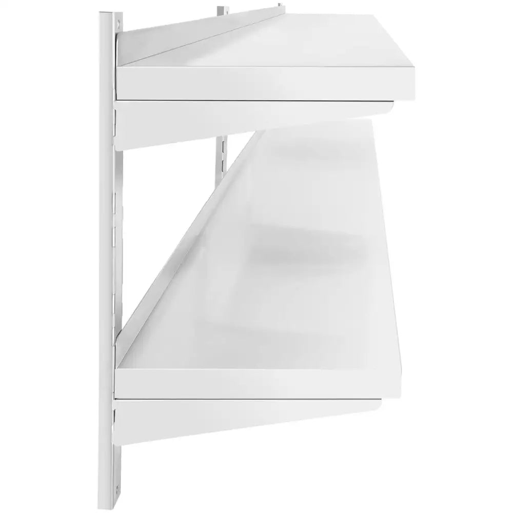 Dobbel justerbar stål hylle, sidevisning viser to hvite minimalistiske hyller på veggskinne.