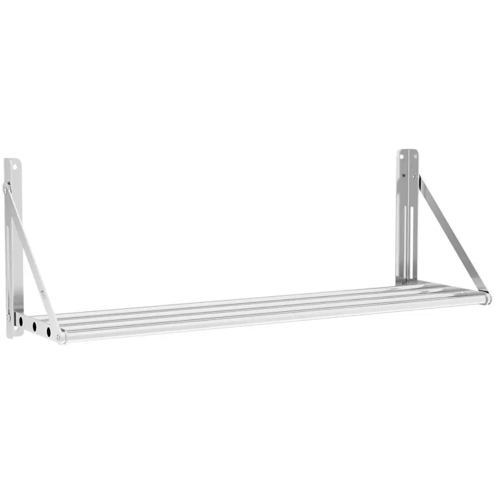 Veggmontert foldbart stålhylle, skrå vinkel som viser fire ribber og solide støttebeslag på sidene.