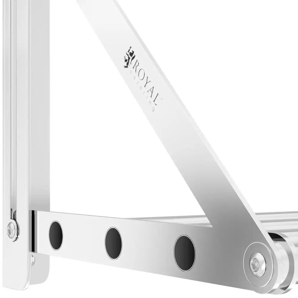 Veggmontert foldbart stålhylle, sidevisning av sølvfarget beslag med synlige skruer og Royal Catering-logo.