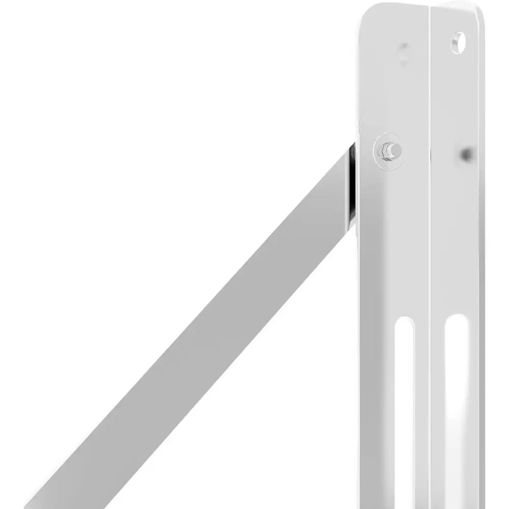 Veggmontert foldbart stålhylle, sidevisning av hvit metallbrakett med støttearm og synlige monteringshull.