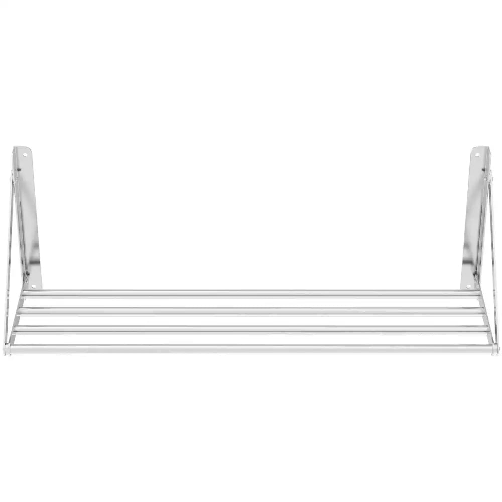 Veggmontert foldbart stålhylle med fem stenger i blankt metall, frontvisning av minimalistisk design.