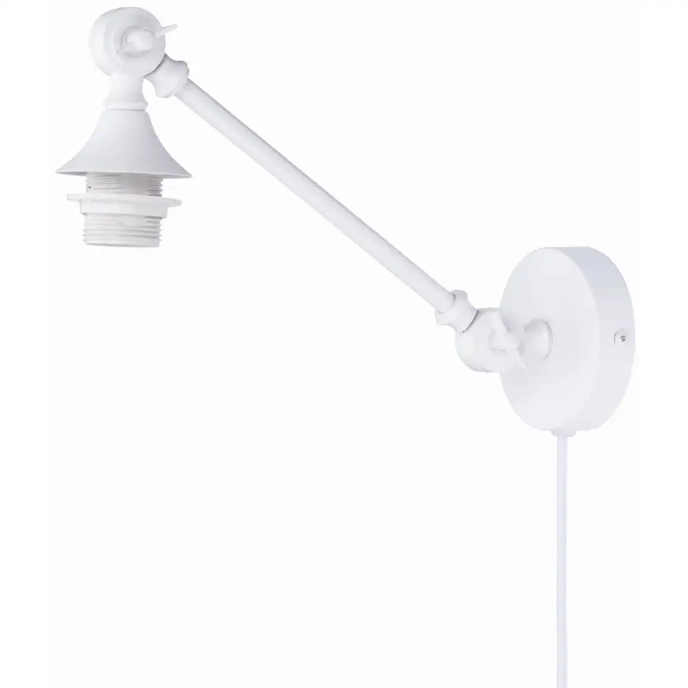 Veggmontert justerbar hvit metallramme, sidevisning med rund veggplate og synlig ledning, uten lyspære.