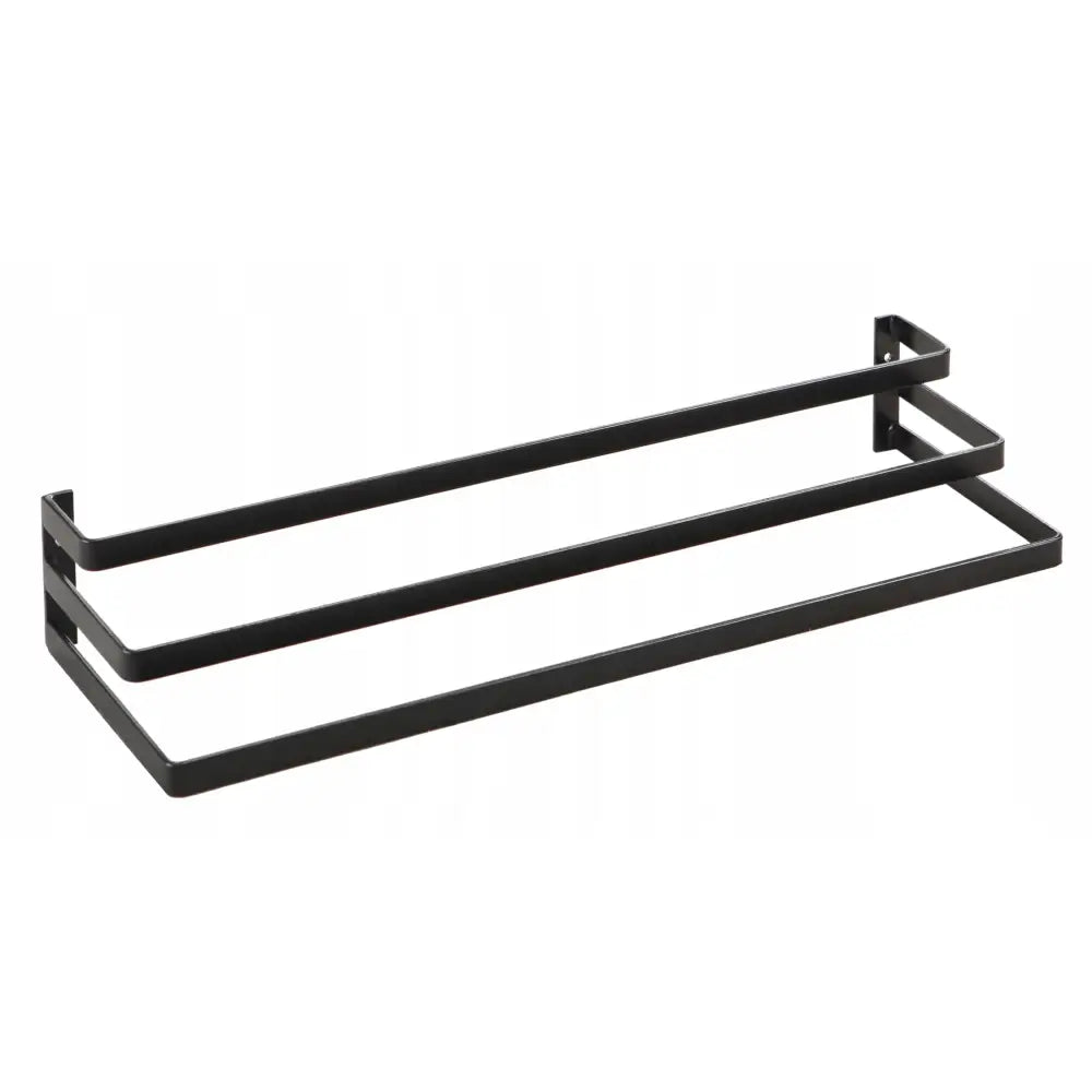 Veggmontert svart håndklehenger i metall med tre stenger, minimalistisk design mot hvit bakgrunn.