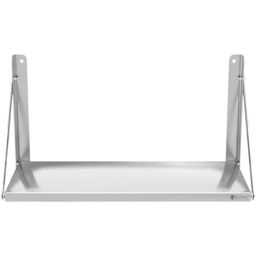 Veggmontert rustfri hylle 80 x 30 cm, rett forfra med støttebraketter og matt, minimalistisk finish.