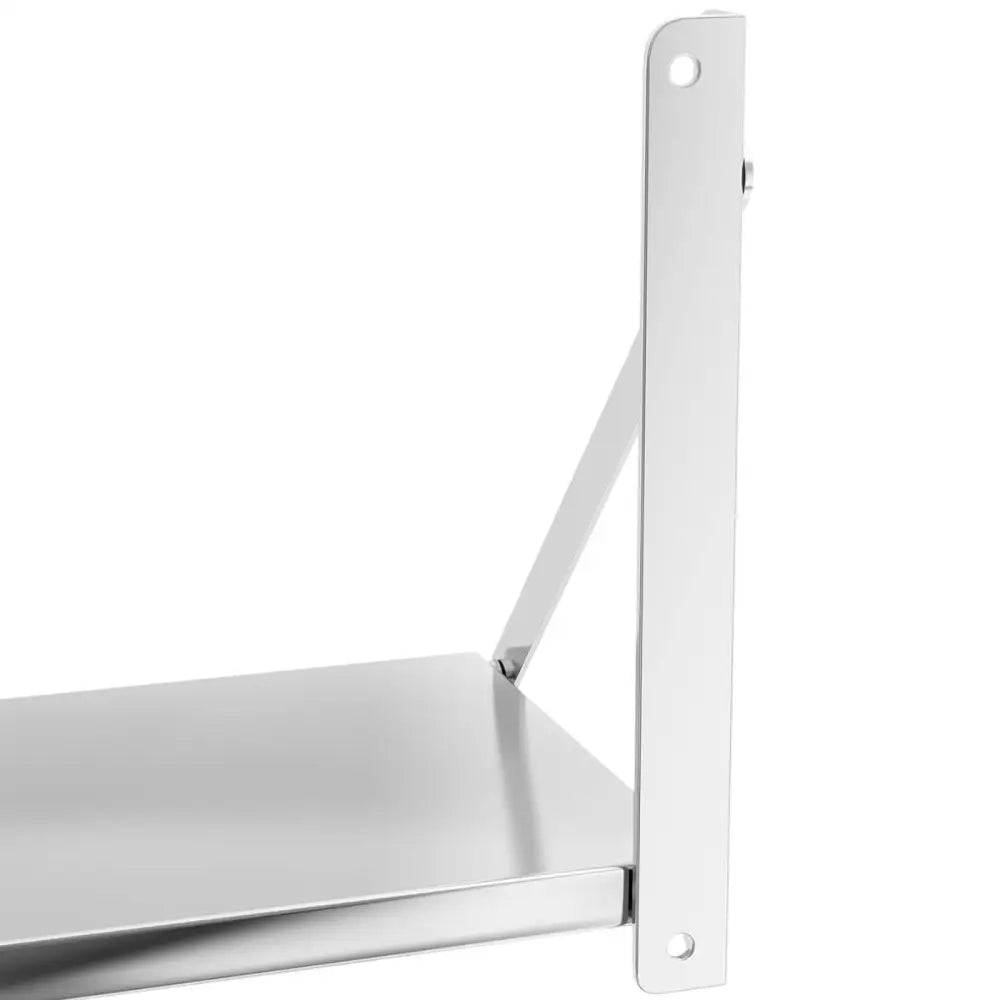 Veggmontert gastronomisk hylle i rustfritt stål, nærbilde av hjørne med veggfeste og støttearm.