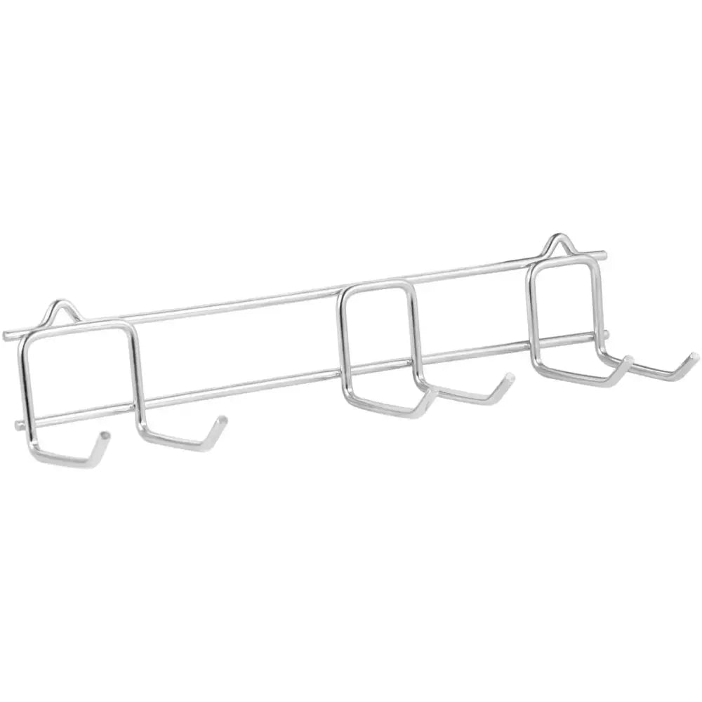 Veggmontert rustfri stål henger, skråvisning som fremhever fire doble kroker og firkantede fester på hvit bakgrunn.