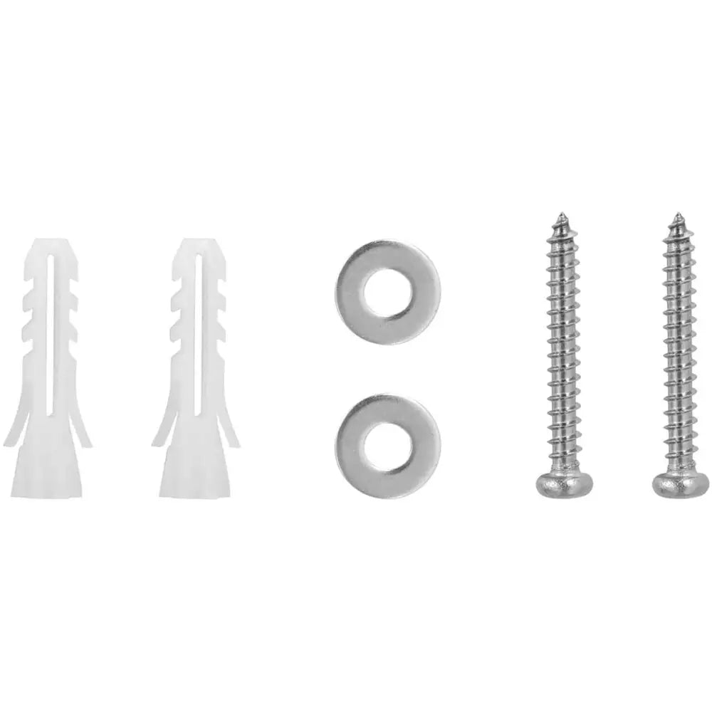 Monteringssett med to hvite plastplugger, to metallskiver og to sølvfargede treskruer sett ovenfra.